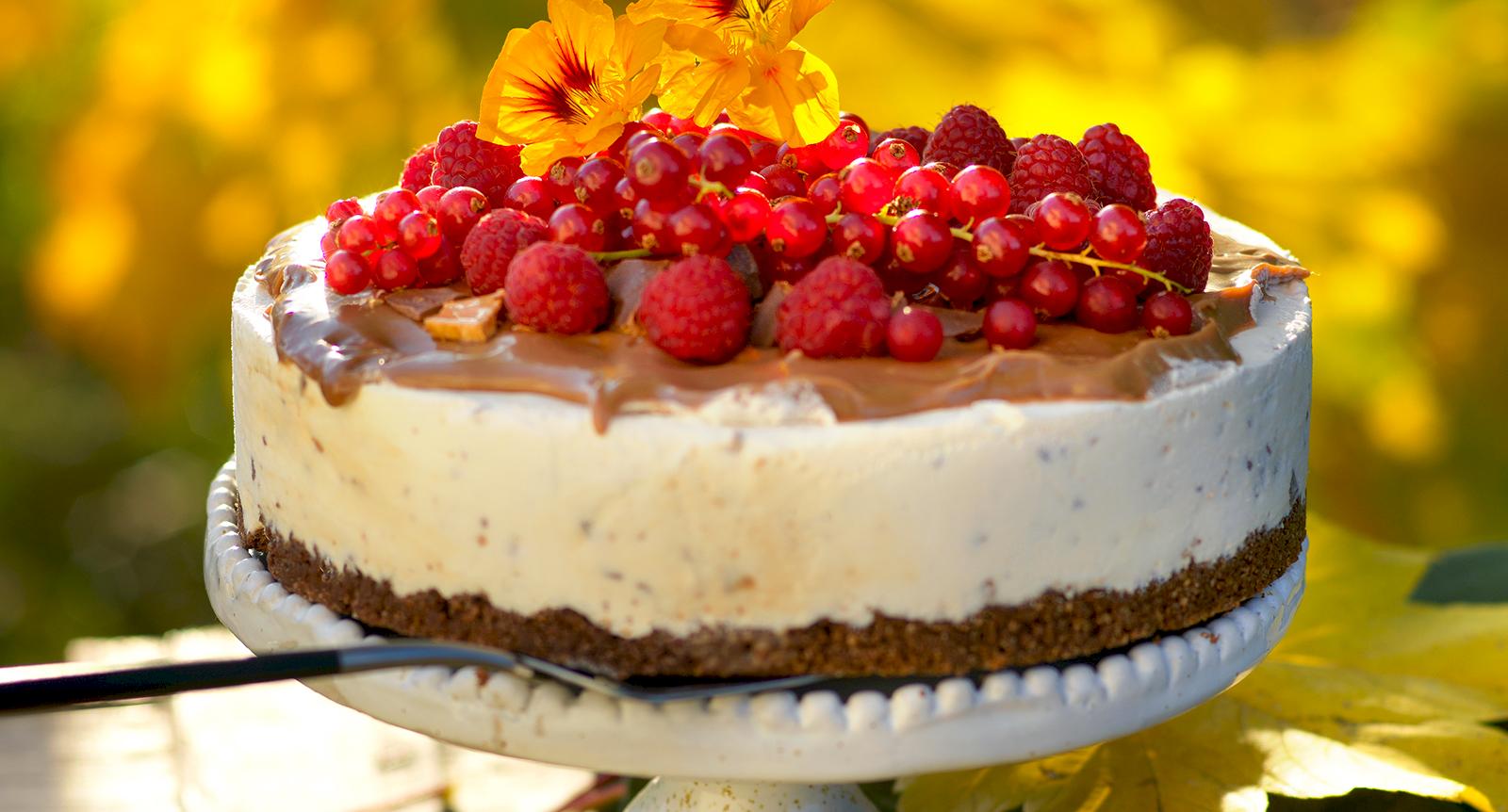 Daimcheesecake med kolatopping och bär