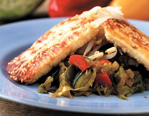 Stekt halloumi med grönsakspytt