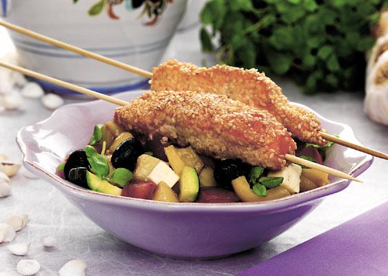 Sesamlax med grekisk pytt i panna