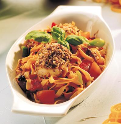 Torsk under nöttäcke på pastabädd