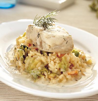 Ångad sej med grönsaksrisotto och kaviarsås