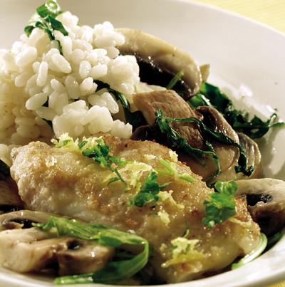 Stekt fisk med ruccola och svamp