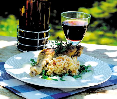 Kycklingklubbor i cidersås med tomatris