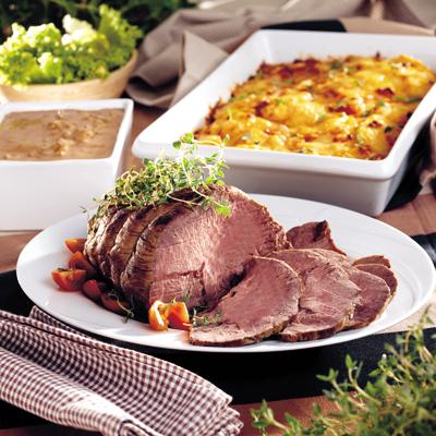 Rostbiff med rotfruktsgratäng och kantarellsås