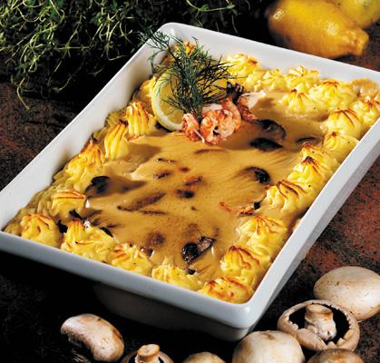 Fiskgratäng med svamp och kräftor
