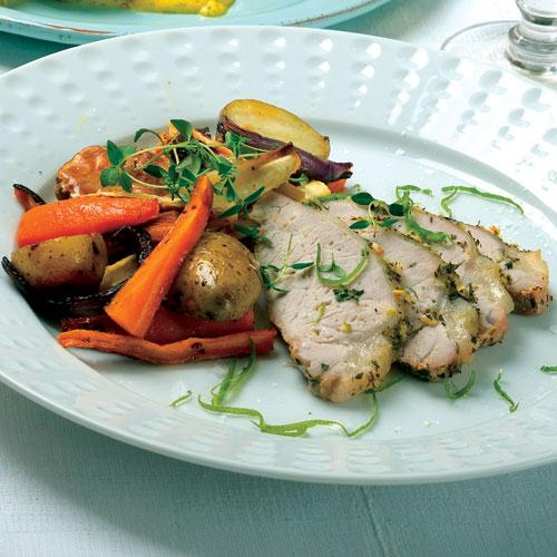 Örtstekt kotlettrad med ugnsrostad potatis och grönsaker