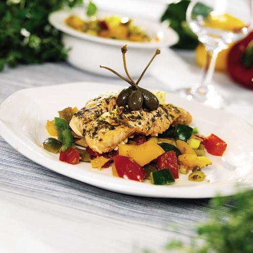 Fetafylld ugnslax med grönsaksragu