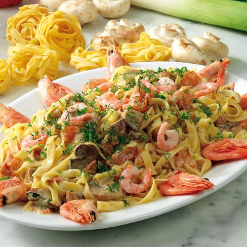 Lax- och räkpasta med messmör