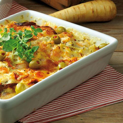 Festgratäng med kassler och rotfrukter