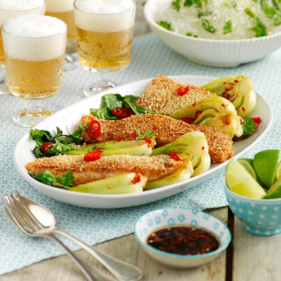 Sesampanerad lax på pak choi