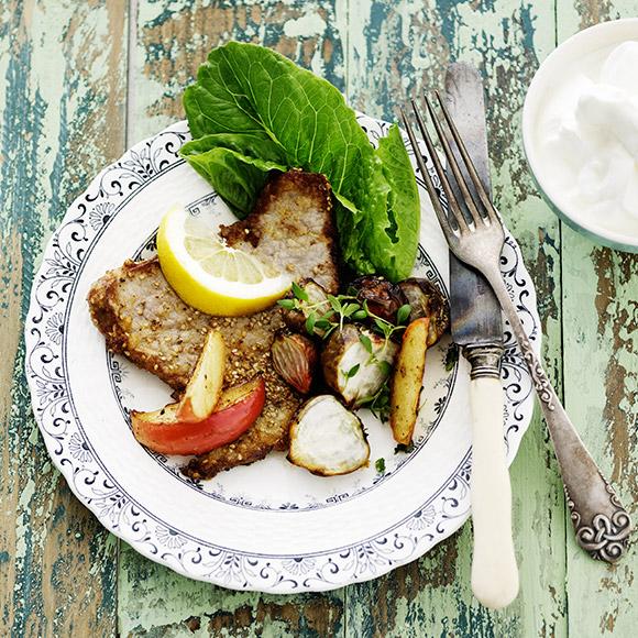 Schnitzel med ugnsbakade rödbetor