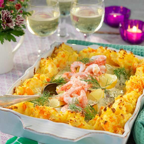 Fiskgratäng med rotfruktskross