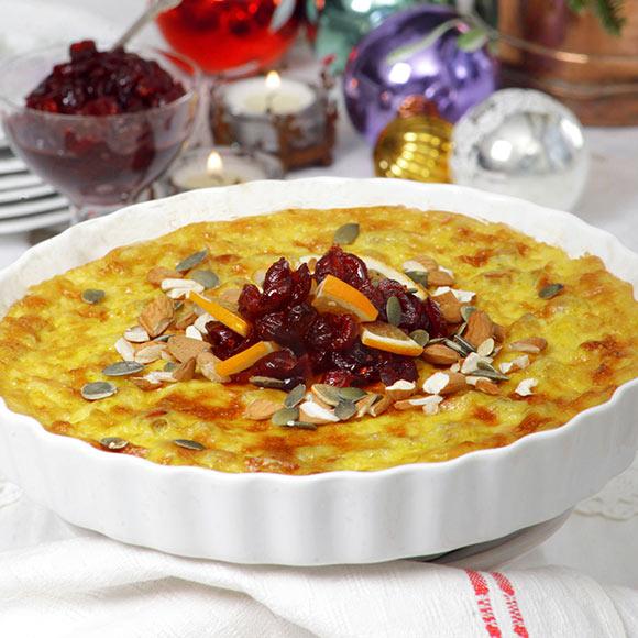 Saffranspannkaka med syltade tranbär