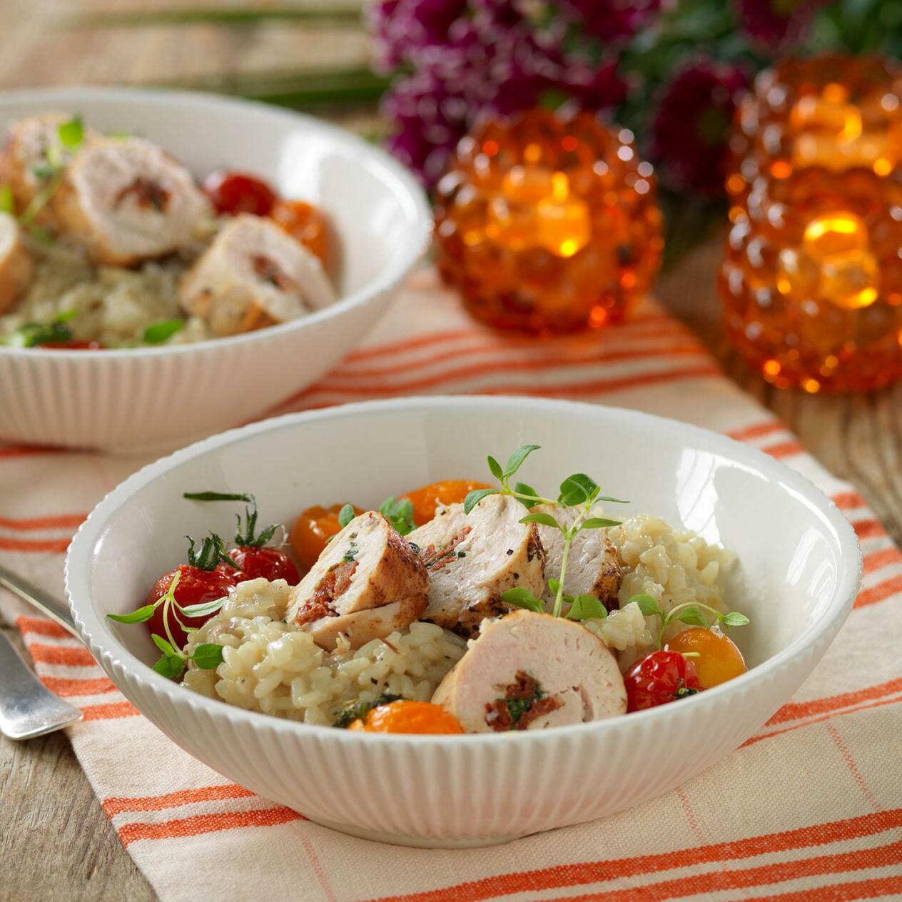 Svamprisotto med kycklingrulader och ugnsbakade tomater