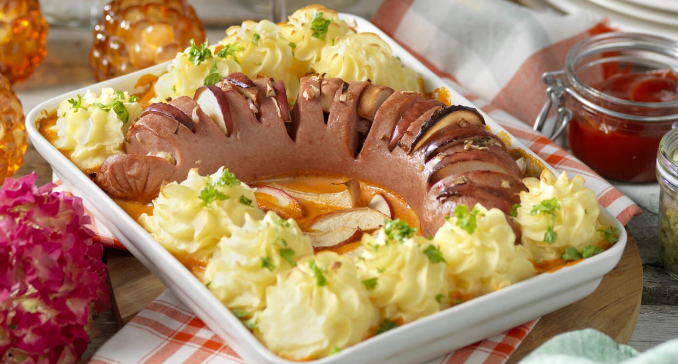 Gratinerad falukorv med potatismos
