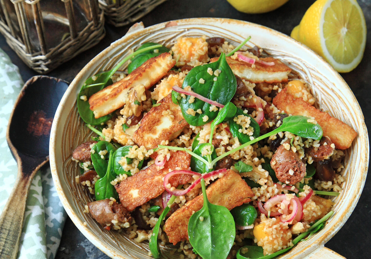 Aprikosbulgur med merguez