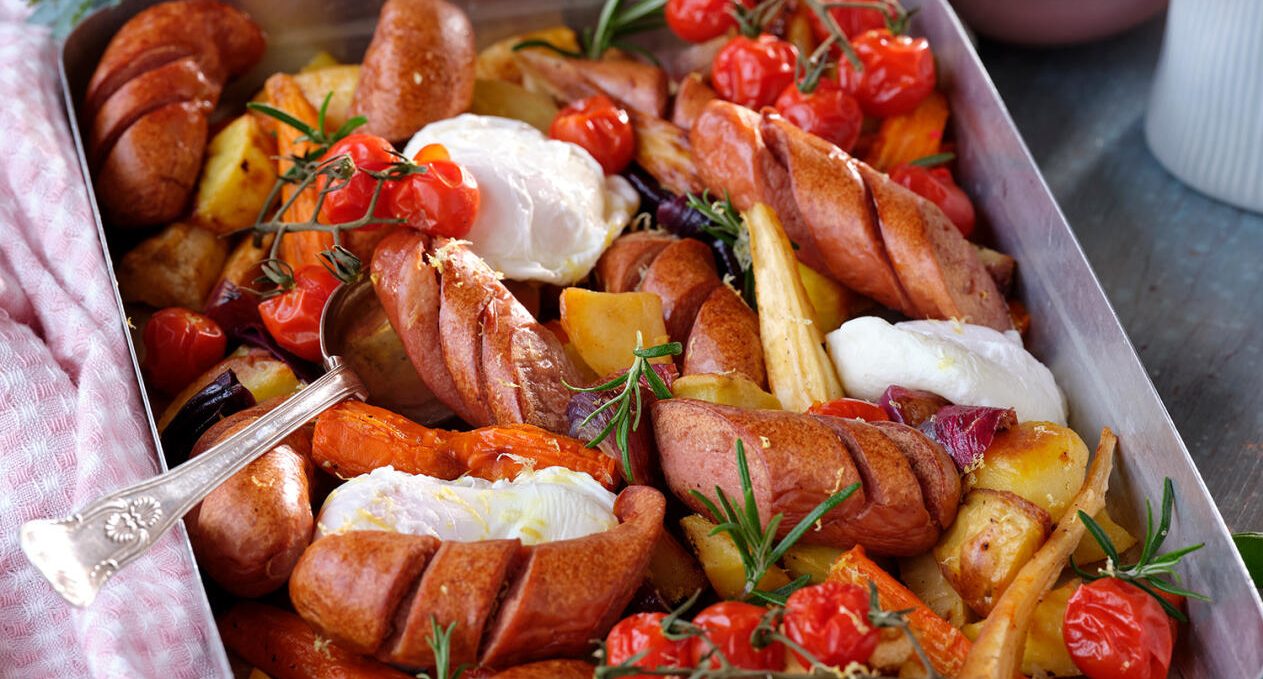 Rostad rotfruktspanna med råkorv och senapskräm