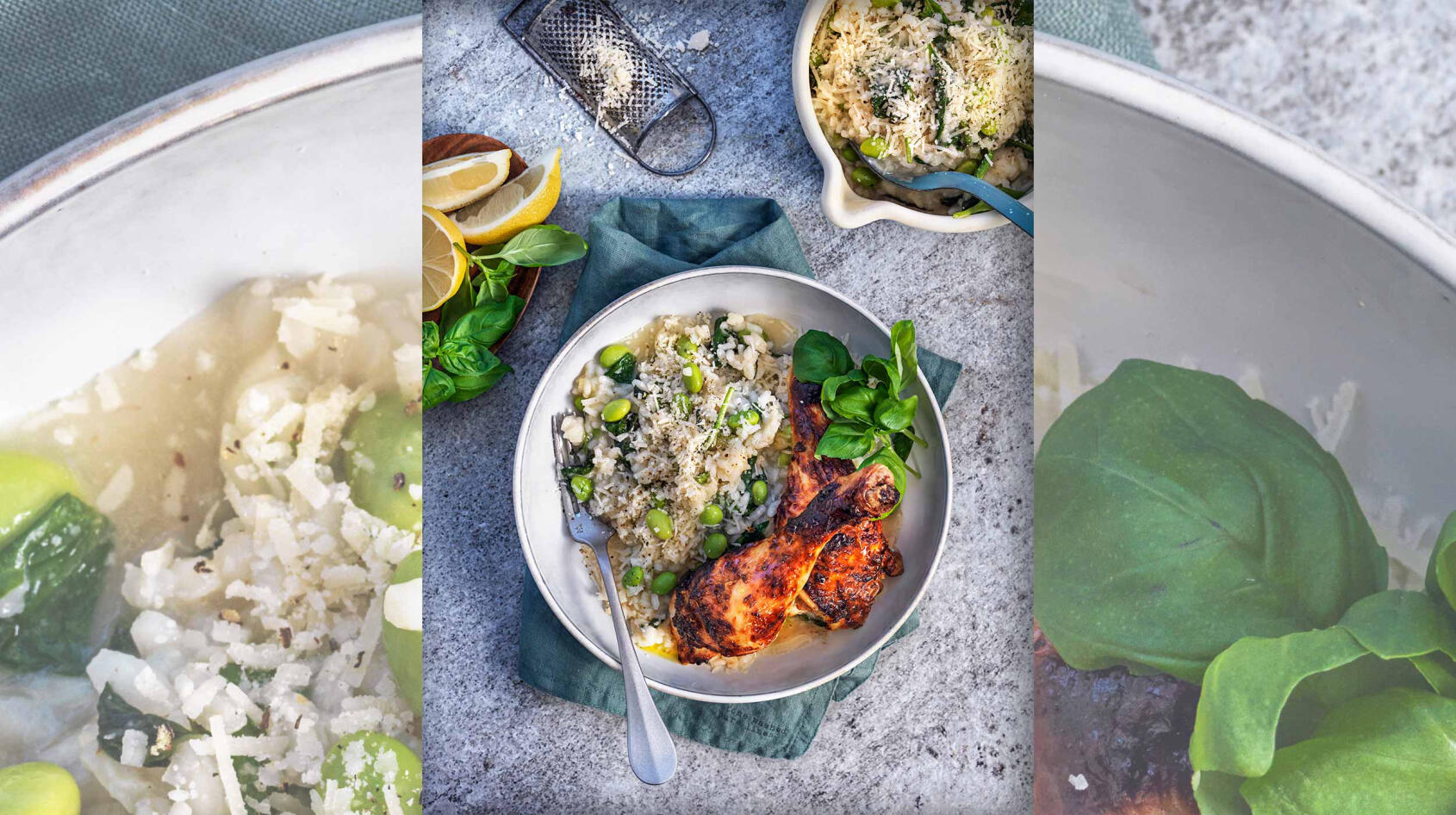 Basilikarisotto med krispigt kycklingben