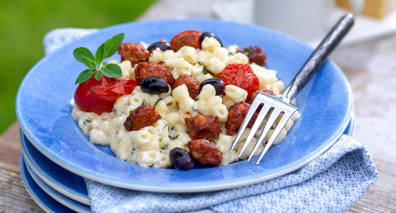 Parmesanstuvade makaroner med stekt chorizo