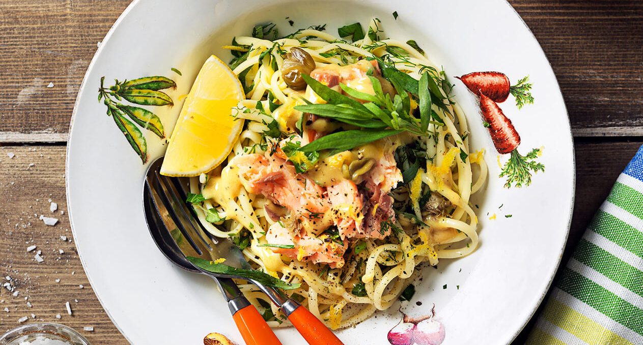 Linguine med rökt lax och citron