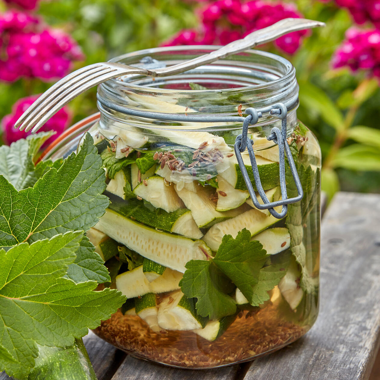 Snabbsaltad squash med svartvinbärsblad