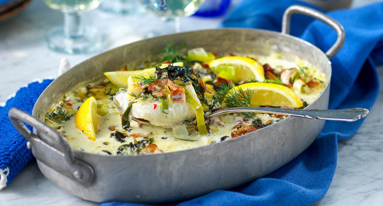 Torskrygg med ­bacon och spenat