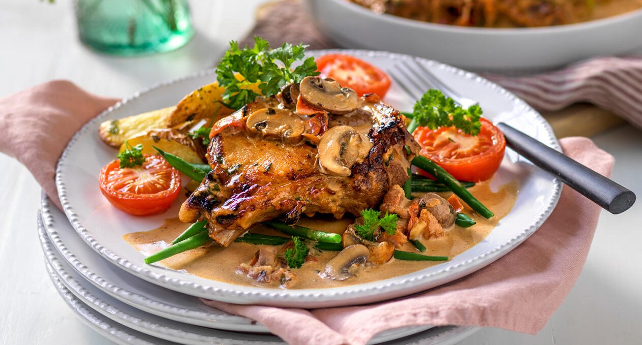 Kotletter med  bacon- och svampsås