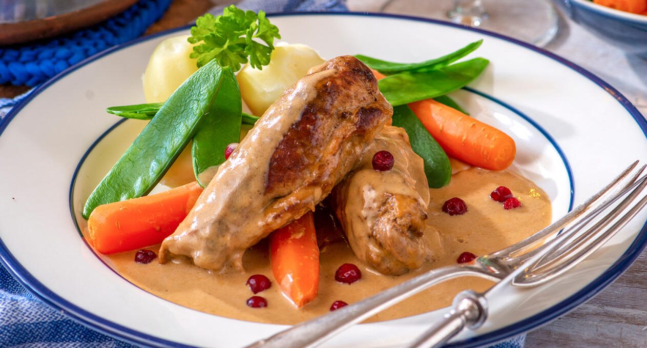 Fläskfilérullader i gräddig sås