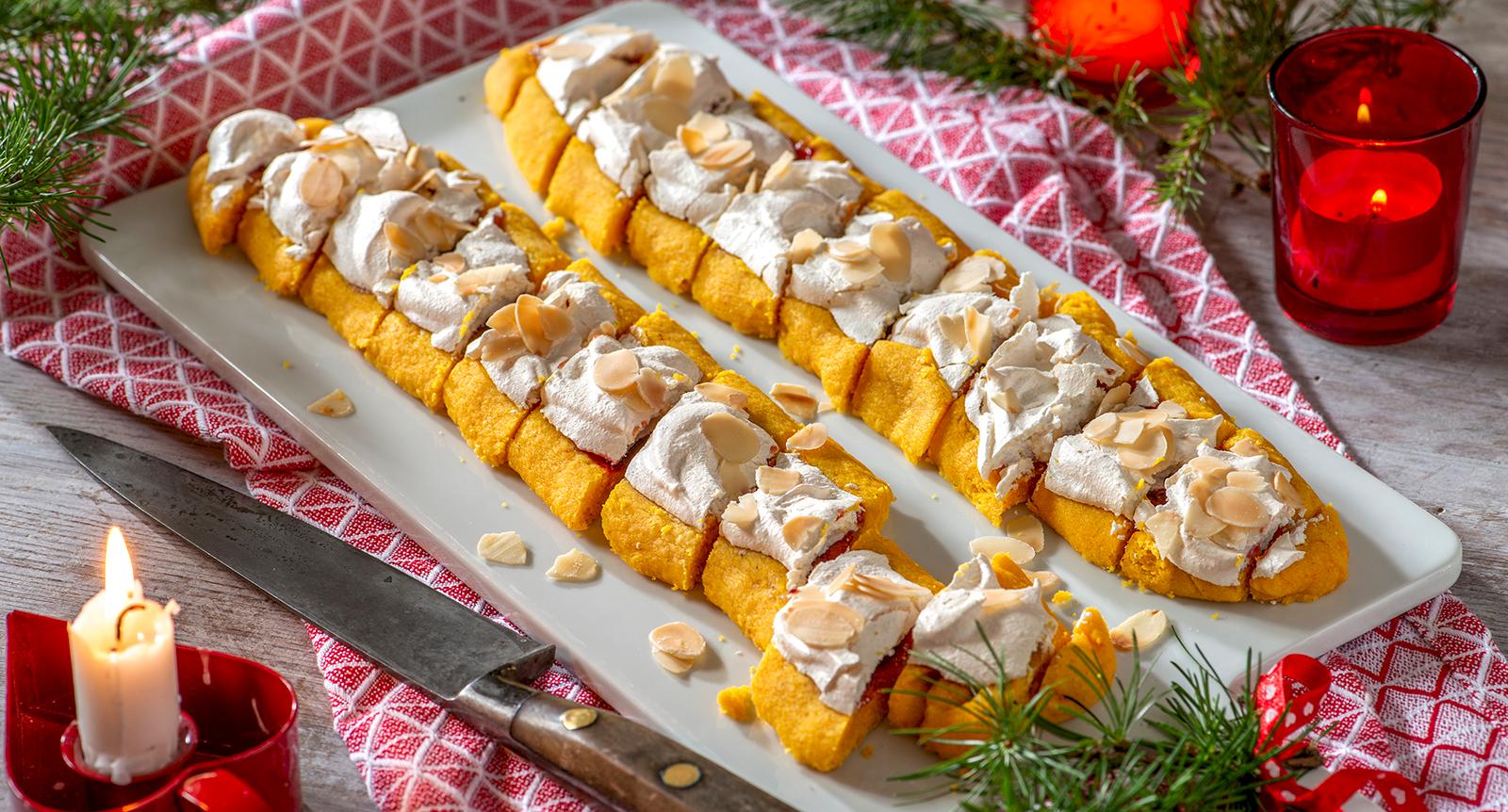 Saffranssnittar med hallonsylt och frasig maräng