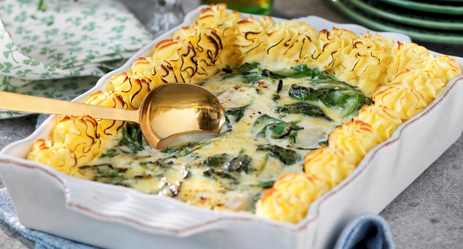 Torskgratäng med spenat och potatismos
