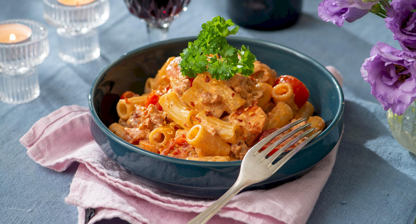 Salsicciapasta med tomat och chili