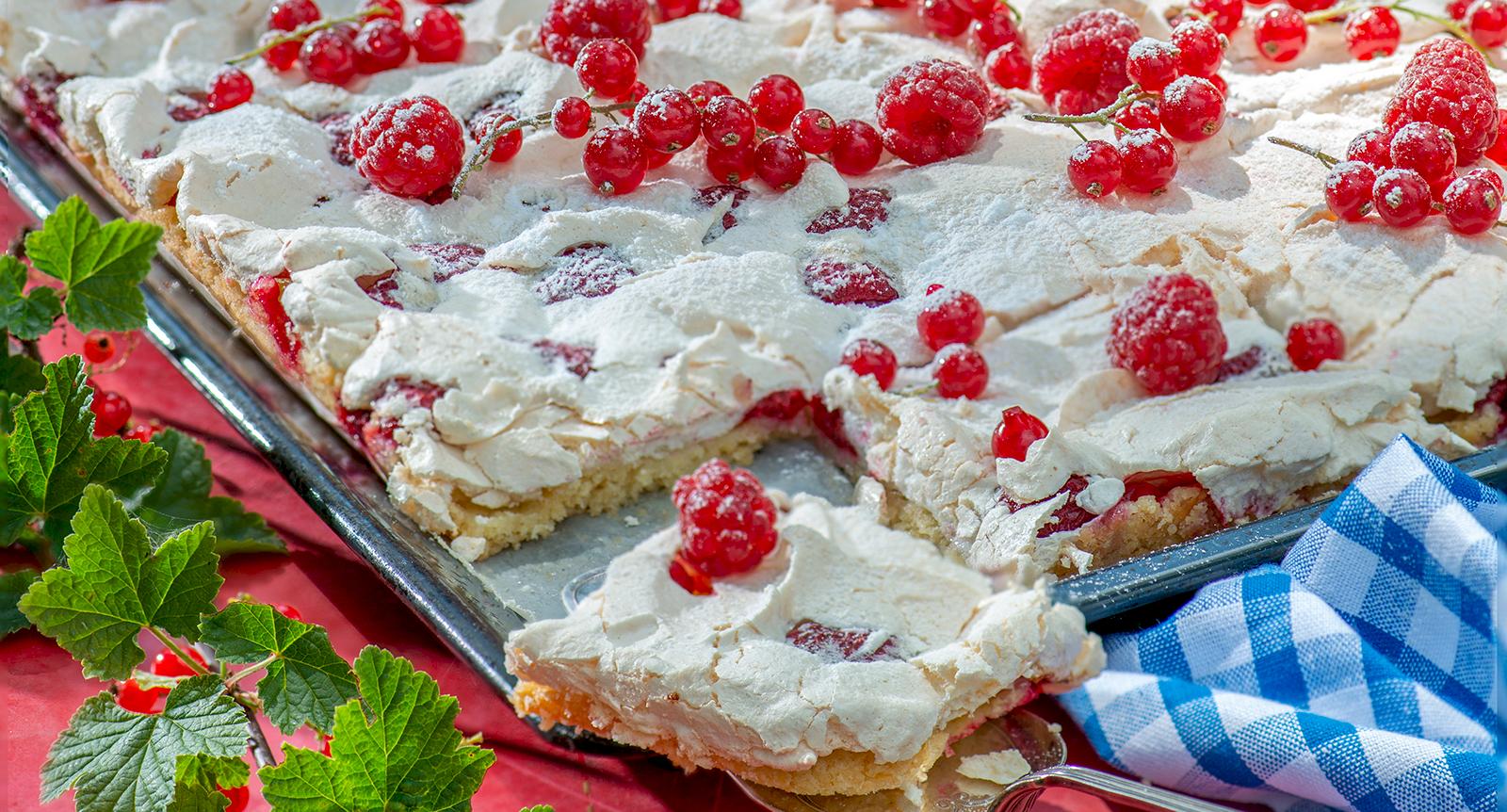 Marängrutor med hallon och vinbär