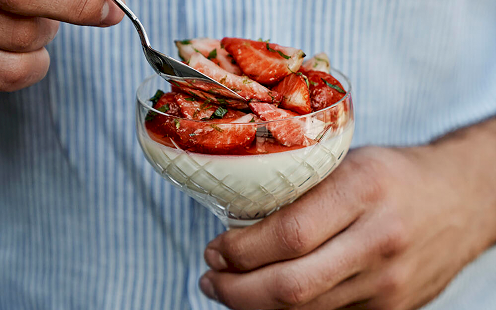 Pannacotta med vit choklad, jordgubbar, mynta & lime