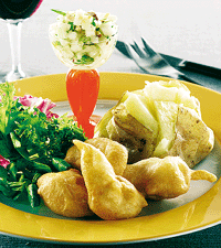 Friterade kycklingstrimlor med päronsås