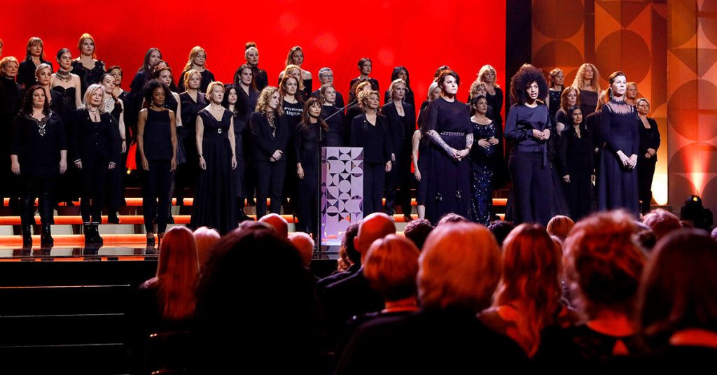 Femtio svenska skådespelerskor protesterar på årets Guldbaggegala mot sexuella trakasserier. Foto: IBL