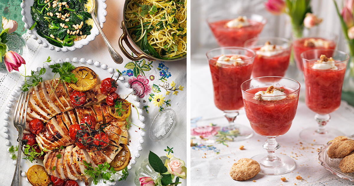 Vårfräscht och supergott: Kyckling med örtpasta & härlig rabarberkompott