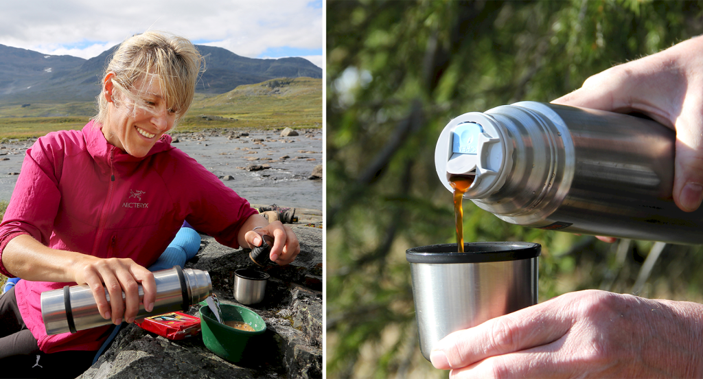 Kvinna sitter i naturen framför berg och häller upp från termos. Närbild på upphällning från termos till termosmugg.