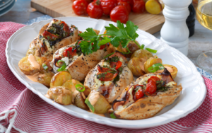 Fylld kycklingfilé med rostad potatis och mojosås