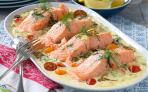 Ugnsbakad laxfilé med räkor